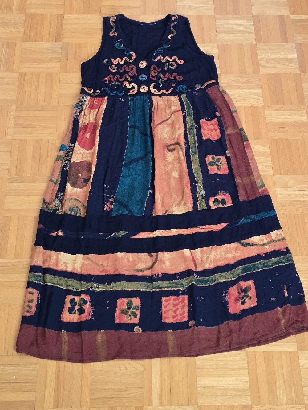 Bohemian Lightweight Multicolor Faux Patch Print Button Top Sleeveless Dress - Picture 2 of 10